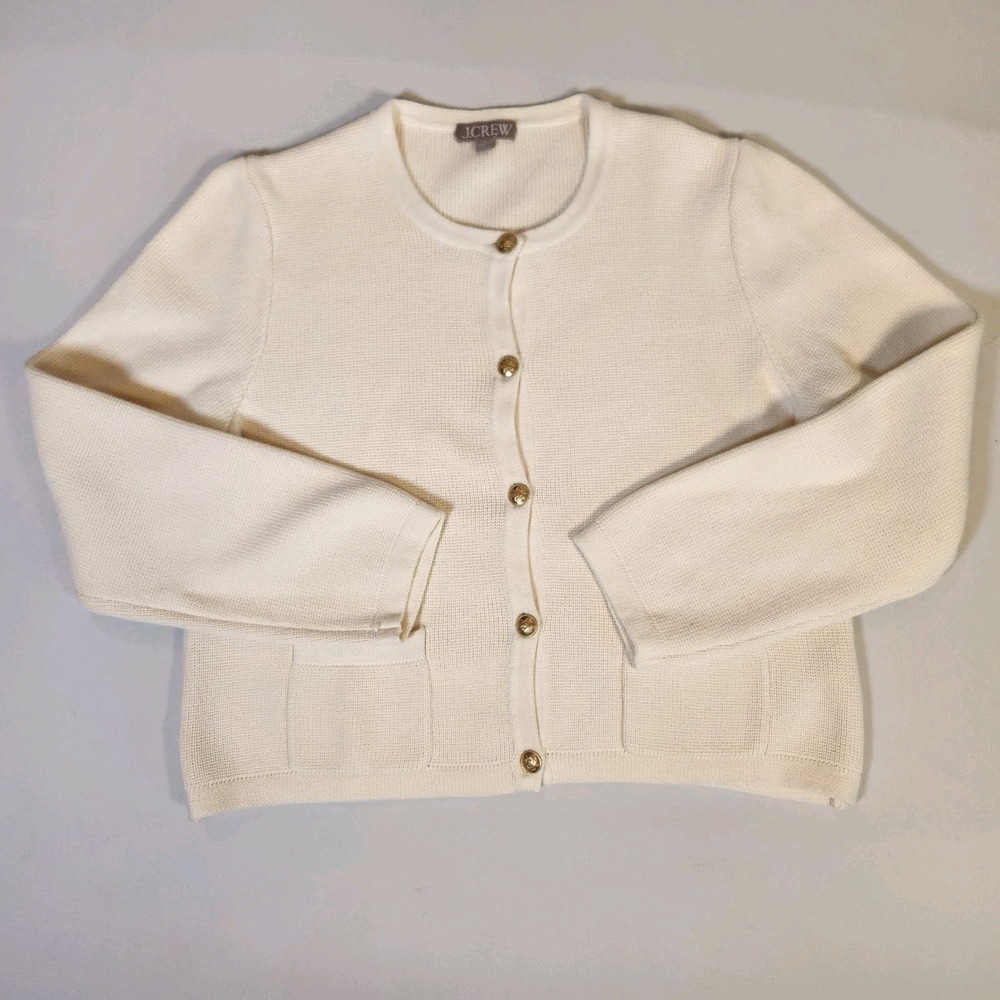 J.Crew Emilie Sweater Lady Jacket Knit Cream Cardigan Crew Neck Large Cotton